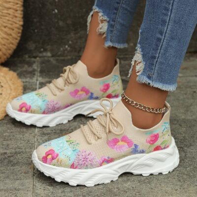 Women’s Sports Shoes Flowers Print Walking Sneakers Casual Breathable Lace-up Mesh Shoes